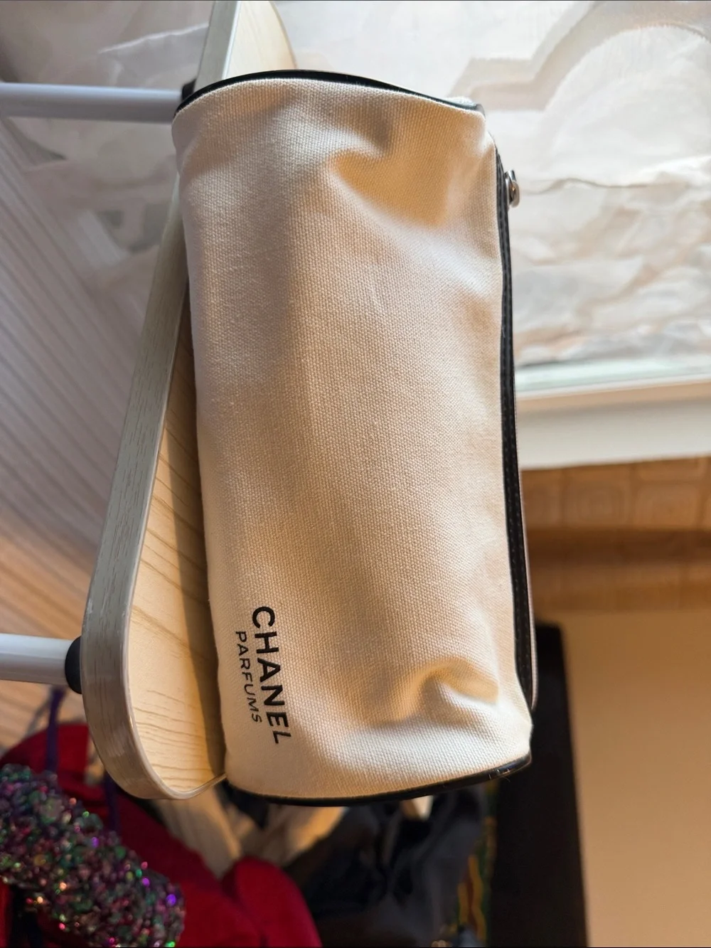 CHANEL Beige Canvas Parfum Pouch with Black Trim